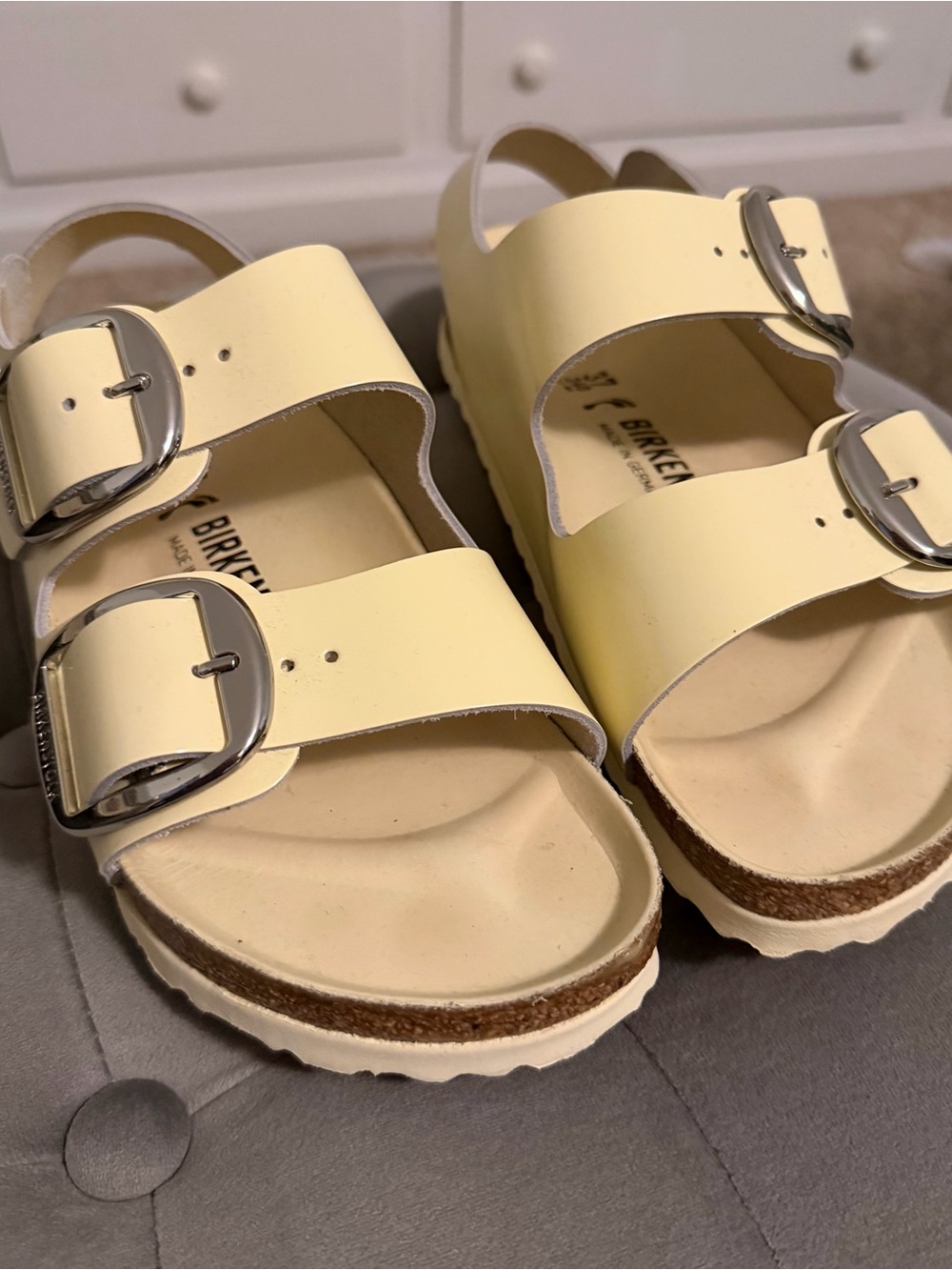 Birkenstock Two-Strap Sandals in Soft Yellow with Silver Buckles